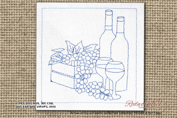 Reviewing Wine with Grapes Redwork for Craft Fairs